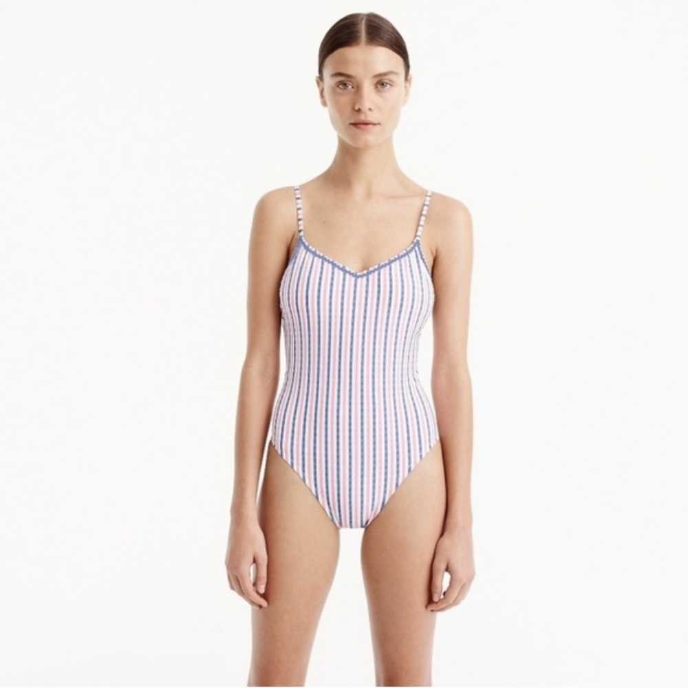 J. Crew Seersucker One-Piece Swimsuit Sweet Guava Happy Stripe Pink Blue White 8